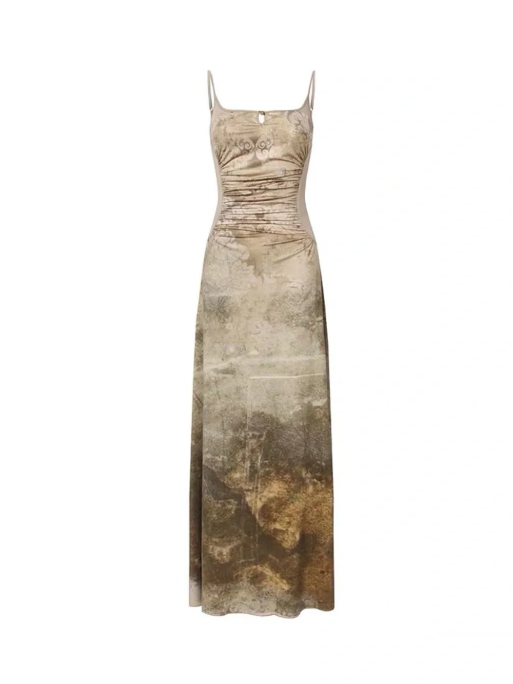 WALK IN DARK Vintage Print Ruched Maxi Dress | Size M | Brown